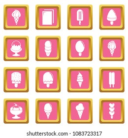 Ice cream icons set vector pink square isolated on white background 