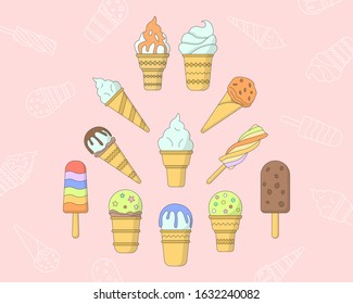 Ice cream Icons set - Vector color symbols and outline of cold sweet dessert for the site or interface