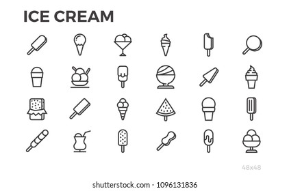 Eiscreme-Symbole. Sommerdessert, leckeres Essen, sundae und andere Symbole. Bearbeitbarer Strich. Pixel perfekt.