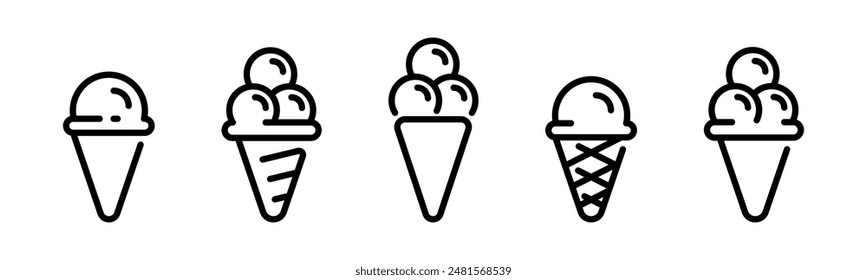 Ice cream icons. Sweet ice cream balls linear icon set. Flat black ice cream symbols