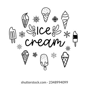 Ice cream icons. Typography, black letters isolated on white background. Vector type illustration. Logo for ice cream, labels, stickers and badges. Hand drawn ice cream text and doodle set.