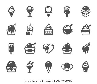 Ice cream icons. Vanilla sundae, frozen yogurt, bubble waffle. Sweet dessert food, milkshake with ice cream, sundae icons. Smoothie drink, frozen coffee, sorbet wafer. Quality design element. Vector