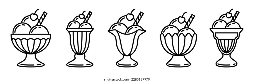 Ice cream icons vector set in line style. Ice cream sundae in a glass, frozen yogurt, vanilla, chocolate, strawberry, parfait, cherry sign and symbol. Vector illustration