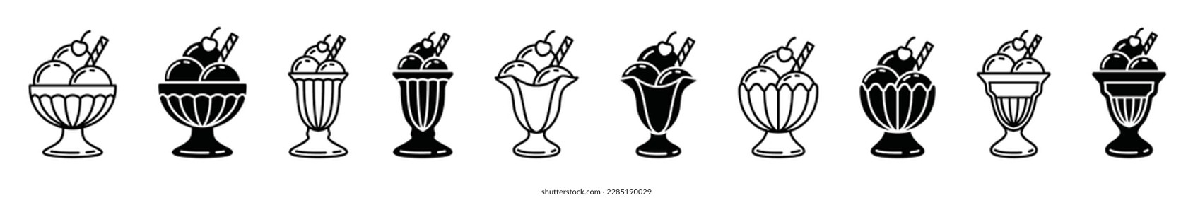 Icono de helado vectorial establecido en línea y plano. Helados en un vaso, yogur congelado, vainilla, chocolate, fresa, parfait, signo de cereza y símbolo. Ilustración del vector