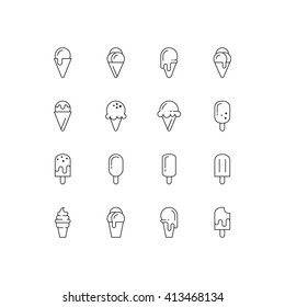 Ice cream icons. Vector set of simple linear icons. Black signs on white background. EPS 8.