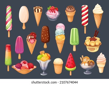 Ice cream icons of wafer cone balls with whipped cream, Thai ice cream roll with waffle, twisted fruit ice cream on stick, popsicle on stick in chocolate glaze and ets. Cartoon vector illustration.