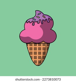 Ice cream illustration in cartoon style. Icecream vector in the waffle cone isolated. Vector flat design. Cartoon style illustration.