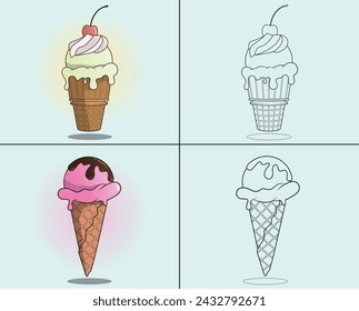 Ice Cream illustration, coloring page for kids, the main object separate from the background