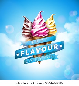 Ice cream illustration with delicious dessert and labelled ribbon on blue sky background. Vector design template for promotional banner or poster with vanilla, chocolate, punch.