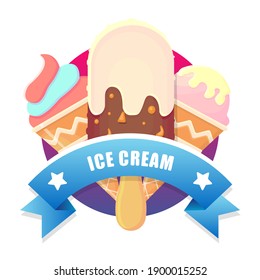 Ice cream illustration with delicious dessert and labeled ribbon on the gradient. Design template for advertising banner or poster with vanilla, chocolate, punch.
EPS 10.