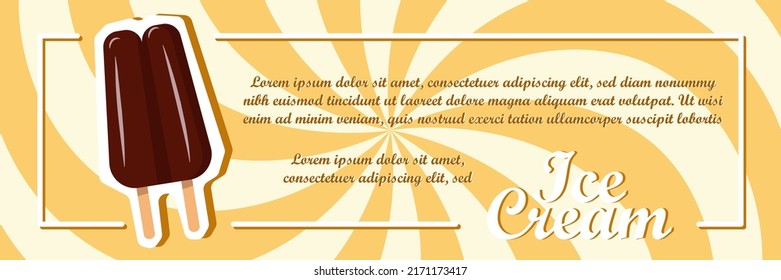 Ice cream illustration with delicious dessert and swirling radial background. Vector design template for promotional banner or poster with vanilla, chocolate, punch. Summer and text