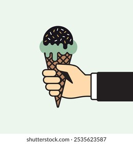 Ilustración del helado con la mano que sostiene el helado de la baya del cono con las rociadas en él, Ilustración vectorial del arte plano del helado aromatizado de la fruta colorida del postre sabroso dulce	
