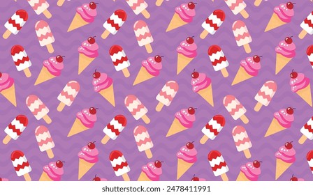 ice cream illustration pattern, with ice creams on backgrounds in a harmonious color palette, for backgrounds and textures