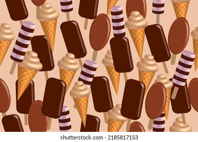 Ice cream illustration pattern. Seamless pattern with chocolate ice creams, repeating seamless pattern.