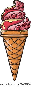 Ice Cream illustration with red surealist tentacles style - for template, elements design, logo 