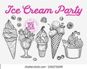 Ice cream illustration for restaurant on vintage background. Vector hand drawn gelato icons for food and dessert cafe. Design with lettering and doodle graphic fruits and sweets.