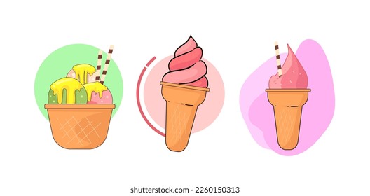ice cream illustration set. ice cream logo with different flavors perfect for summer. ice cream with a cone shape and there are toppings on it. premium ice cream for business, design elements,