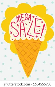 Ice ilustración y el texto "mega venta". Icono de helado.