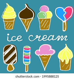 Ice cream illustration, types of different types of ice cream, hand lettering, banner,