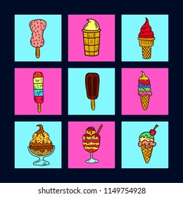 Ice cream illustration. Vector colored sign. Design for store.