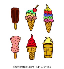 Ice cream illustration. Vector colored sign. Design for store.
