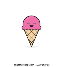 Ice cream illustration. Vector cone and pink ice cream ball. Modern flat vector design.