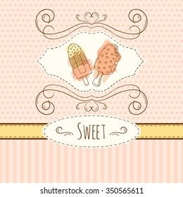 Ice cream illustration. Vector hand drawn card with watercolor splashes. Sweet polka dots and stripes design. Invitation card template. Cold dessert