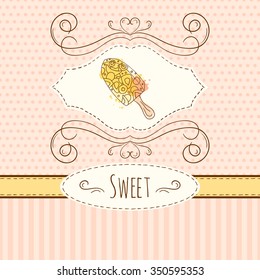 Ice cream illustration. Vector hand drawn card with watercolor splashes. Sweet polka dots and stripes design. Invitation card template. Cold dessert