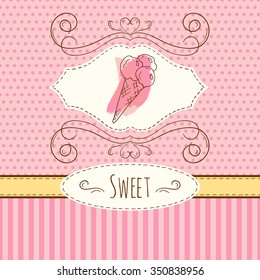 Ice cream illustration. Vector hand drawn card with watercolor splashes. Sweet polka dots and stripes design. Invitation card template. Cold dessert