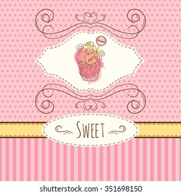 Ice cream illustration. Vector hand drawn card with watercolor splashes. Sweet polka dots and stripes design. Invitation card template. Cold dessert