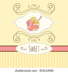 Ice cream illustration. Vector hand drawn card with watercolor splashes. Sweet polka dots and stripes design. Invitation card template. Cold dessert