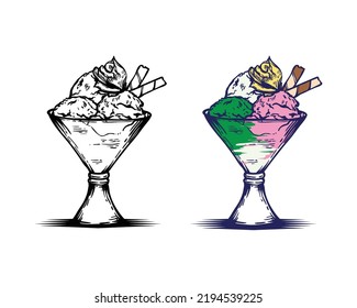 Ice cream illustration in vintage engraved style. Rainbow ice cream in glass. Dessert, sweets, menu design, restaurant, shop.