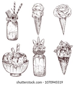 Illustrationen von Eiscreme, gefrorene cremige Desserts, Gelato, Eis in Kones, Schokoladenglasundae mit Mandeln und Toppen, Peitschcreme und Shakes, Retro-Design für Dessertmenüs