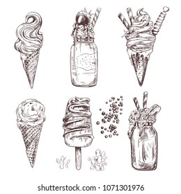 Ice cream illustrations of frozen creamy desserts, gelato, ice cream in cones, eskimo or chocolate glaze sundae with almond and topping, whipped cream and shakes, fresh ice cream scoops in glass bowl