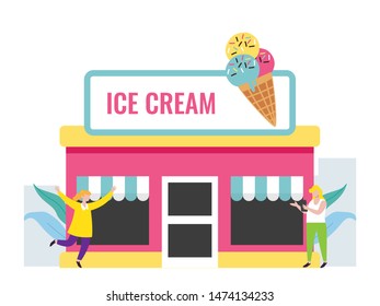 Ice cream industry with tiny people illustration.