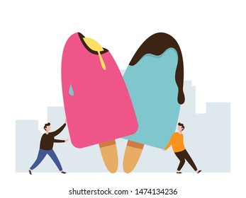 Ice cream industry with tiny people illustration.