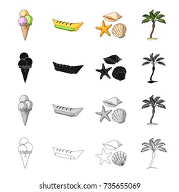 Ice cream, inflatable boat for rest, sea mollusks, palm. Rest in summer set collection icons in cartoon black monochrome outline style vector symbol stock isometric illustration web.
