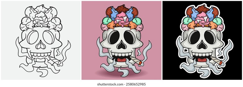 Ice Cream Inside Skull Head With Smoking Character Cartoon. Black White, Colorful and Sticker Style. For T shirt print, Brand Logo, Label and Mascot product. Vectors Illustrations