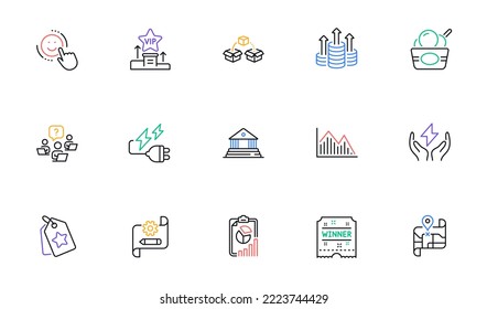 Ice cream, Investment graph and Report line icons for website, printing. Collection of Winner ticket, Smile, Court building icons. Map, Vip podium, Safe energy web elements. Budget. Vector