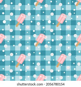 Ice cream isolate on Gingham ,Scott seamless pattern. Texture from rhombus,squares for dress, paper,clothes,tablecloth.,net, grid.Copy space for your text and your business. Vector illustration.