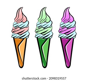 Ice cream isolated colorful cartoon icon set frozen milk waffle cone tasty food outline doodle logo design element drawing creamy gourmet
