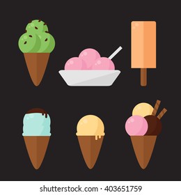 Ice cream isolated icons on black background. Ice cream logo for banner. Flat style vector illustration.