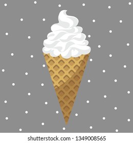 Ice cream isolated on gray background. Waffle cone in vector. For confectionery, menu, logotype, signboard, web design, stickers, cook book, candy bar decoration, scrapbooking, signs and symbols.