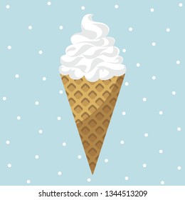 Ice cream isolated on mint background. Waffle cone in vector. For confectionery, menu, logotype, signboard, web design, stickers, cook book, candy bar decoration, scrapbooking, signs and symbols.