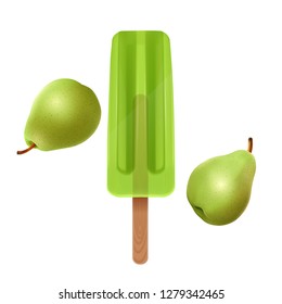 The Ice cream isolated on white background, the Green popsicle with pear flavor, realistic 3d illustration, Vector EPS 10