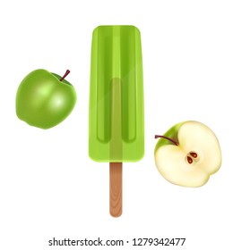 The Ice cream isolated on white background, the Green popsicle with Apple flavor, realistic 3d illustration, Vector EPS 10
