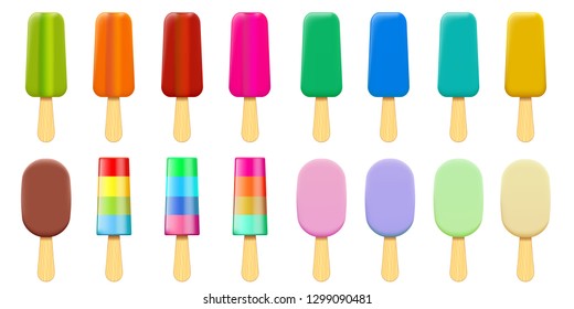 Ice Cream Isolated On White Background. Set Of Multi Colored Popsicle. Vector Illustration.