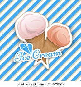 Ice cream is isolated in a waffle cup in the style of a cartoon logo emblem wrap for your product Vector illustration. Label, Milk, delicious dessert is cool, refreshing in your projects