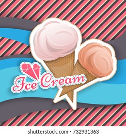 Ice cream is isolated in a waffle cup in the style of a cartoon logo emblem wrap for your product Vector illustration. Label, Milk, delicious dessert is cool, refreshing in your projects