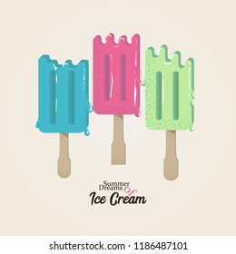 Ice cream isometric vector pop art style. Retro comic text advertise. Sweet cold food summer dessert collection. Homemade fruit set eskimo.